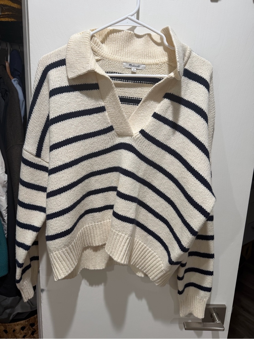 Madewell Cream & Navy Striped Collared V-Neck Pullover